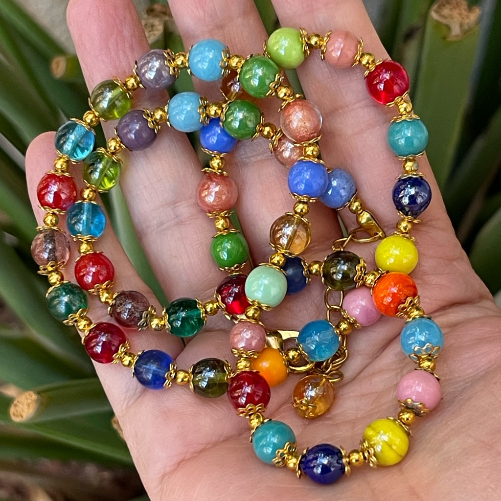 Murano Glass Rainbow Bead And Gold Tone Spacer Necklace